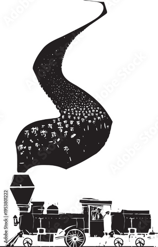 Woodcut style image of a cloud of Mankind coming from a Locomotive's smokestack