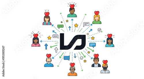 Flat 2D illustration of a strong customer relationship concept with people icons connected to a central logo in a graphic resource design
