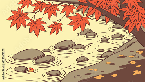 Japanese maple leaves hang over a flowing river with smooth stones in this peaceful autumn nature illustration featuring a traditional flat vector style.