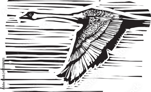 Woodcut expressionist style flying Swan