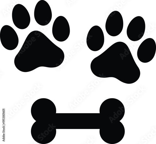 Black dog paw prints and bone icon for pet shop vector