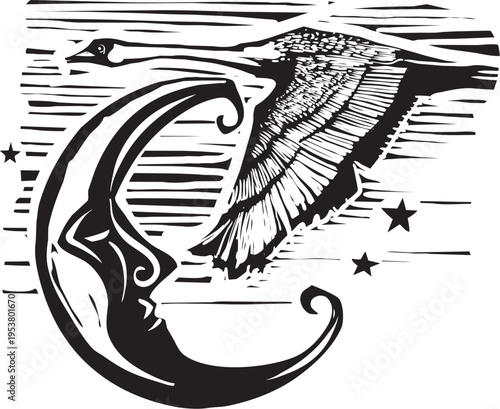 Woodcut expressionist style Swan and moon with a face on it.