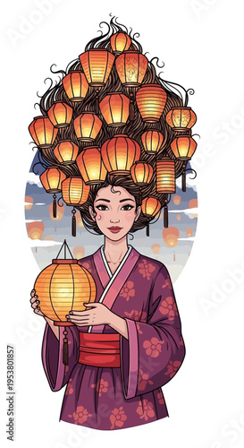 Woman in traditional Japanese kimono holding lantern.