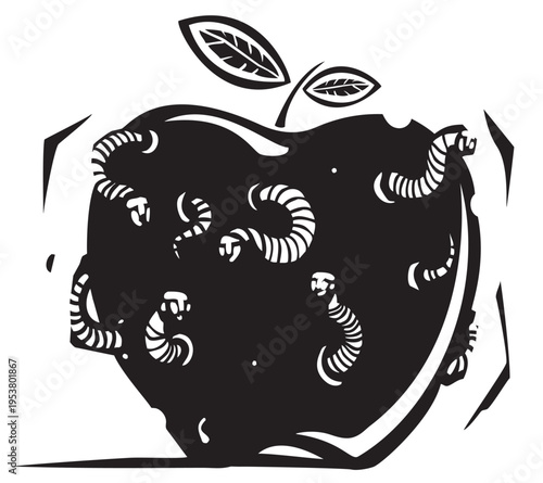 Woodcut style image of rotten apple where the worms have faces