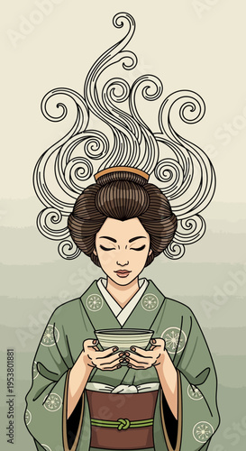 Woman in traditional Japanese kimono dress.