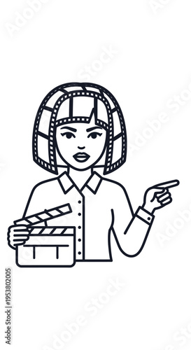 Woman wearing hair rollers pointing sideways.