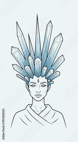 Woman wearing crystal headdress calmly.
