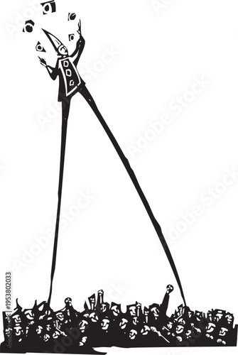 Woodcut style image of a circus clown on stilts