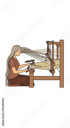 Woman weaving on a loom machine.