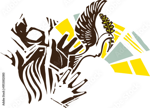 Woodcut style image of a Man releasing Dove