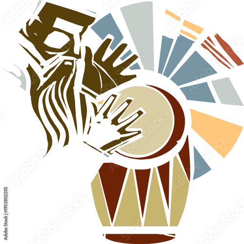 Woodcut style image of aMan playing the Drums