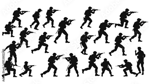 Black soldier silhouettes in tactical combat poses with rifles and gear, military vector illustration representing battlefield readiness and defense