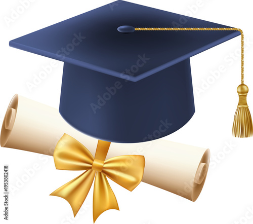 3d diploma scroll with graduate hat. Vintage roll paper with blue mortarboard. Graduation education certificate of university, college, or school. Vector illustration. EPS 10.