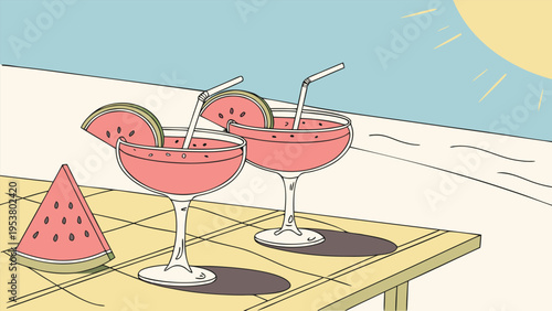 Watermelon cocktail drinks in coupe glasses sit on a beach table during summer vacation in a minimalist flat vector illustration style with line art.