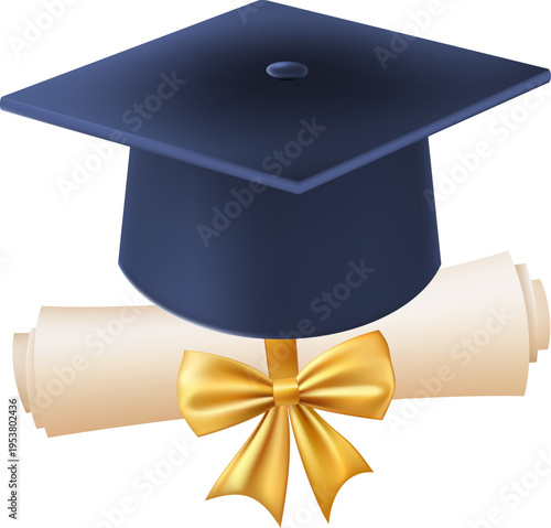 3d diploma scroll with graduate hat. Vintage roll paper with blue mortarboard. Graduation education certificate of university, college, or school. Vector illustration. EPS 10.