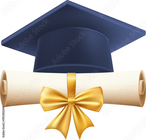3d diploma scroll with graduate hat. Vintage roll paper with blue mortarboard. Graduation education certificate of university, college, or school. Vector illustration. EPS 10.