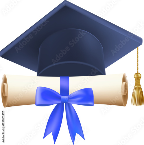 3d diploma scroll with graduate hat. Vintage roll paper with blue mortarboard. Graduation education certificate of university, college, or school. Vector illustration. EPS 10.