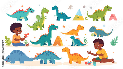 Colorful cartoon dinosaurs with smiling children playing, fun educational vector illustration for kids learning materials and playroom decor
