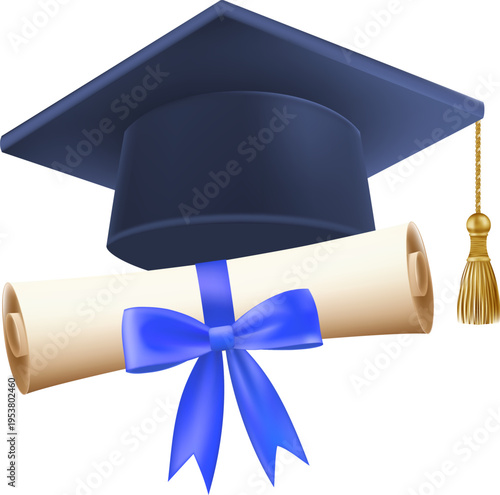 3d diploma scroll with graduate hat. Vintage roll paper with blue mortarboard. Graduation education certificate of university, college, or school. Vector illustration. EPS 10.