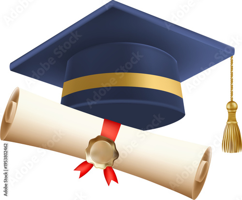 3d diploma scroll with graduate hat. Vintage roll paper with blue mortarboard. Graduation education certificate of university, college, or school. Vector illustration. EPS 10.