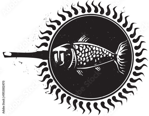 Woodcut of a fish with a human face in a  Frying pan  