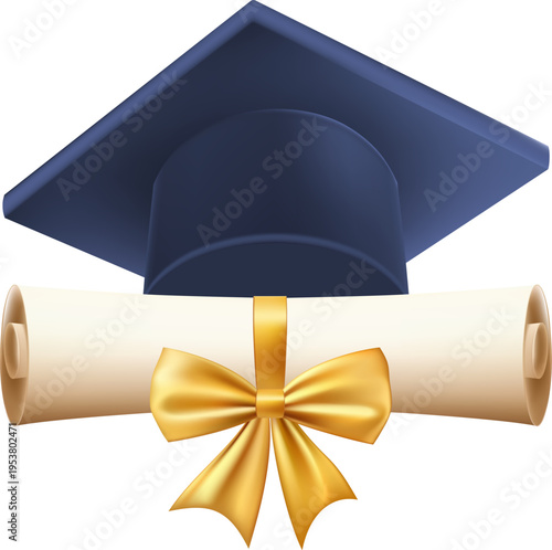 3d diploma scroll with graduate hat. Vintage roll paper with blue mortarboard. Graduation education certificate of university, college, or school. Vector illustration. EPS 10.