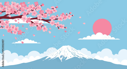 Mount Fuji with cherry blossoms and sunny sky.