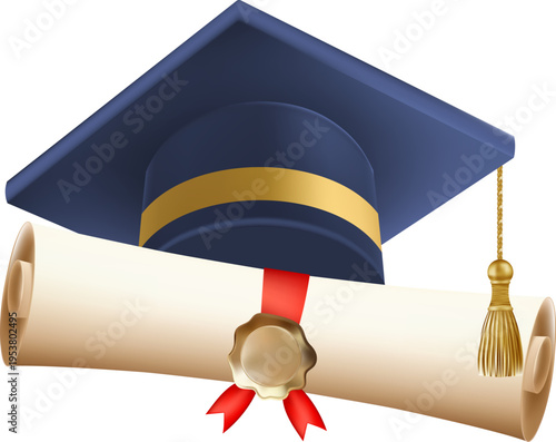 3d diploma scroll with graduate hat. Vintage roll paper with blue mortarboard. Graduation education certificate of university, college, or school. Vector illustration. EPS 10.