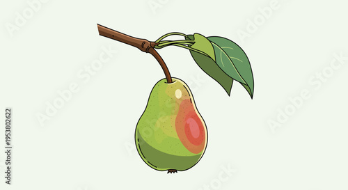A ripe pear hanging from a tree branch with green leaves.