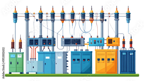 Detailed vector illustration of electrical substation equipment including transformers, switchgear, and control panels for engineering and power distribution