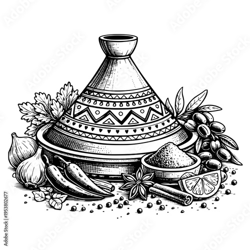 Moroccan Tagine Pot with Spices, Chilies, Garlic, and Olives - Vintage Illustration