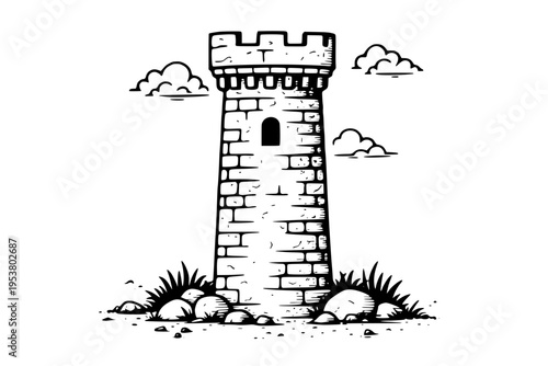 Medieval stone watchtower illustration with cloudy sky and grassy base
