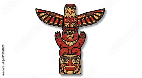 Totem pole with bird and face.