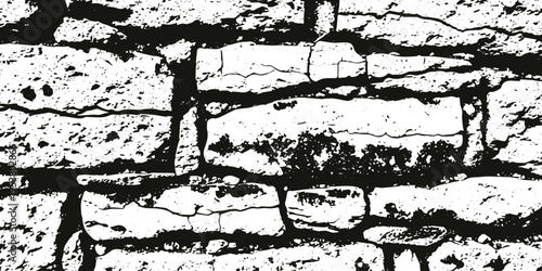 Distressed cracked stone wall texture background, grunge rough surface overlay, weathered ancient masonry detail, dark mortar and light stone pattern
