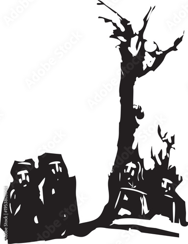 Photography Woodcut expressionist image of people gathered below a tree