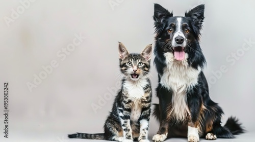 Isolated dog and cat sitting calmly next to each other on a clean neutral background, showing peaceful friendship and harmony between domestic pets with gentle and friendly animal behavior.