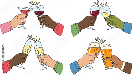 Hands clinking glasses with wine champagne and beer celebration diverse people toasting drinks flat vector illustration party concept
