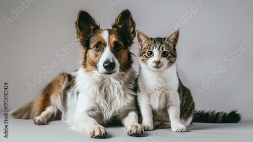Isolated dog and cat sitting calmly next to each other on a clean neutral background, showing peaceful friendship and harmony between domestic pets with gentle and friendly animal behavior.
