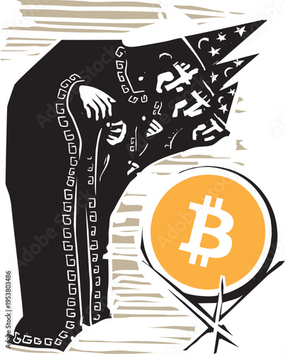Woodcut style image of  Three Wizards staring into a crystal ball with abitcoin