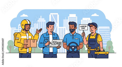 Labor Day Celebration Flat Design Showing Urban Gig Workers Freelance Remote Work Delivery Service and Transportation Concept