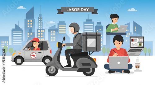 Happy Labor Day Vector Illustration with Gig Economy Workers Delivery Rider Freelancer and Ride Sharing Driver in Modern City