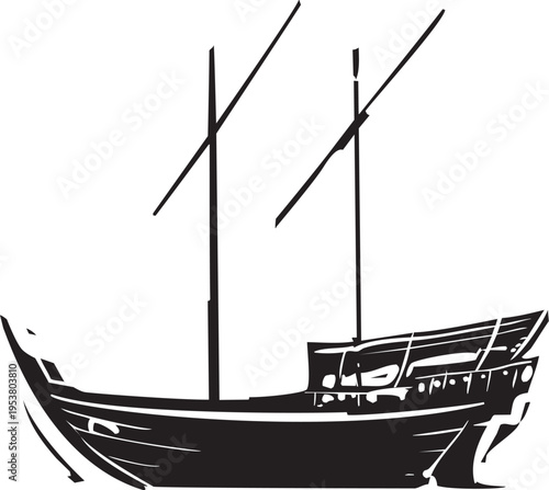 Woodcut style image of an Arabic Ship Dhow at sea