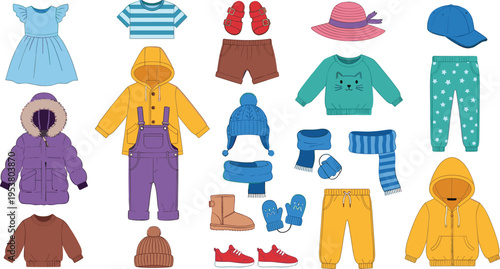Kids clothing collection with winter outfits jackets hats shoes and accessories colorful flat vector illustration children fashion set