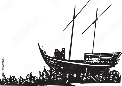 Woodcut style expressionist image of refugees in a sea of people riding an arabic dhow