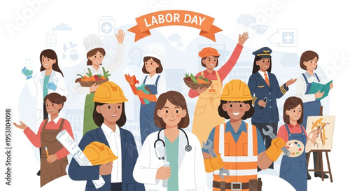 Happy Labor Day Flat Design with Women Professionals Engineer Healthcare Worker and Builder Career Diversity Theme