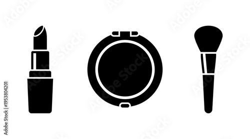 Cosmetic icons lipstick, powder compact and brush