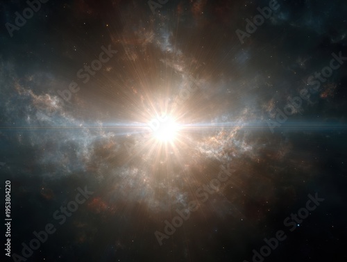 Bright Celestial Object in a Cosmic Nebula with Lens Flare and Stars
