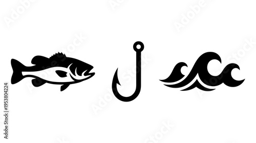 Fishing Symbols Fish, Hook, and Waves for Outdoor Recreation
