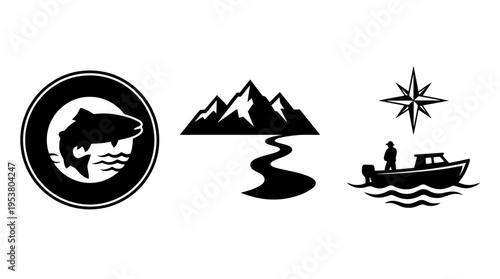 Outdoor Adventure Icons Fishing, Mountains, and Navigation