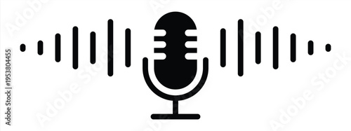 Microphone icon with sound waves, audio voice recognition, recording voice message sign, speech podcast mic symbol